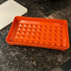 Looks new vintage Tupperware hot dog/deli meat keeper. Burnt red color